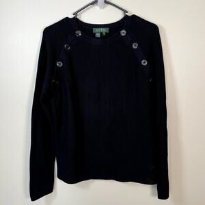 LAUREN RALPH LAUREN Women LG Black Ribbed Button Accent Sweater Hong Kong Preppy